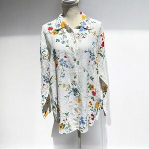 Hot Cotton Floral Button Down Shirt - White with Multicolor Flowers
